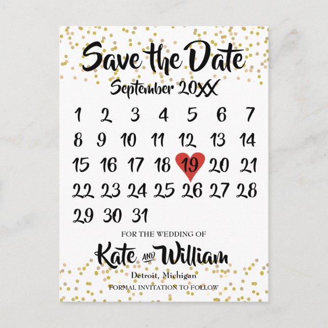 Gold Dust Love Heart Calendar Save the Date Announcement Postcard (Front)