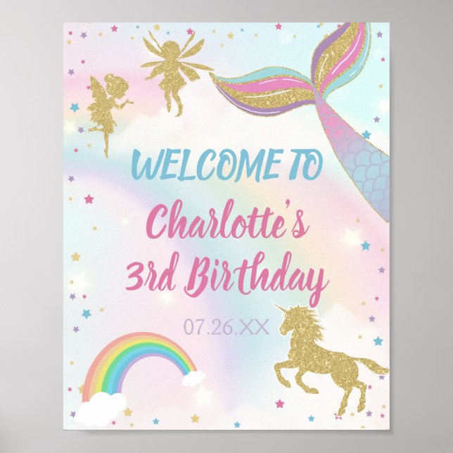 Gold Dust Magical Unicorn Fairy Mermaid Birthday Poster (Front)