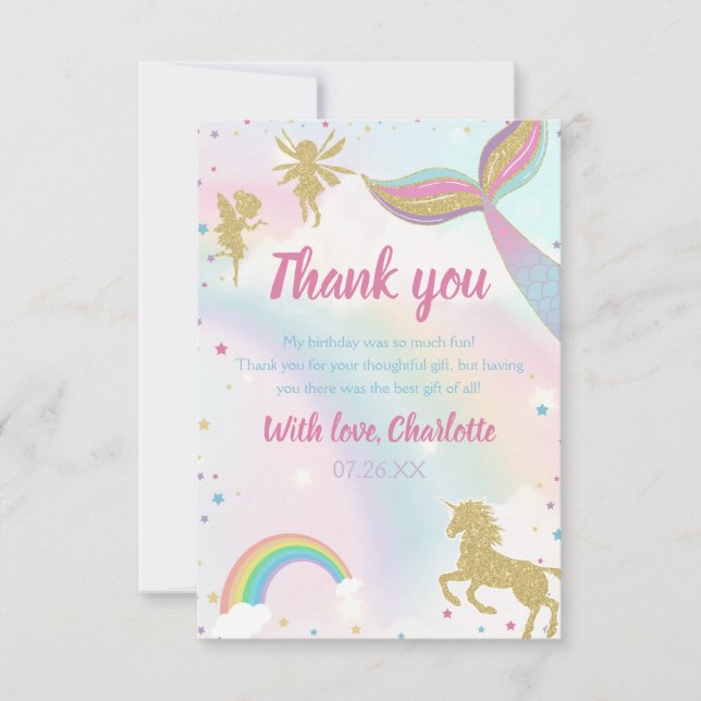 Gold Dust Magical Unicorn Fairy Mermaid Birthday Thank You Card (Front)