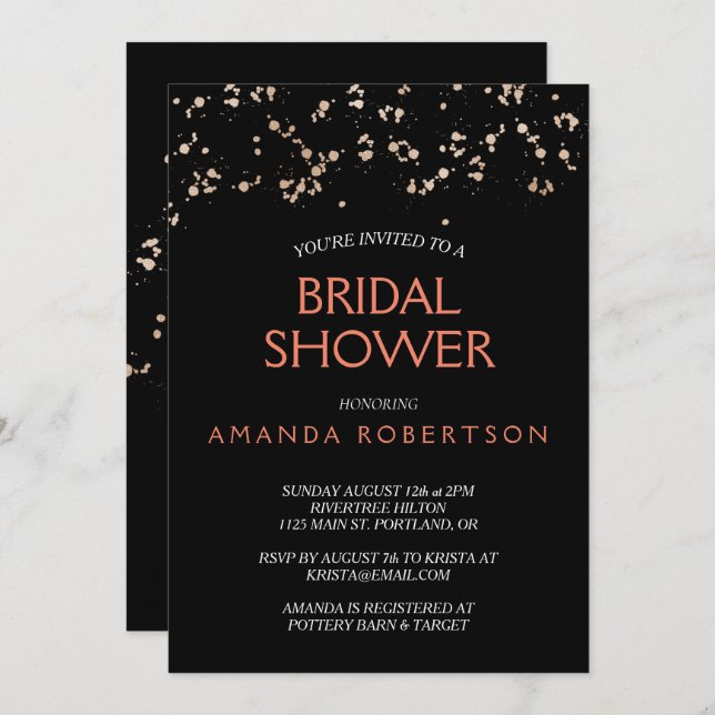Gold Dust on Black With Coral Bridal Shower Invitation (Front/Back)