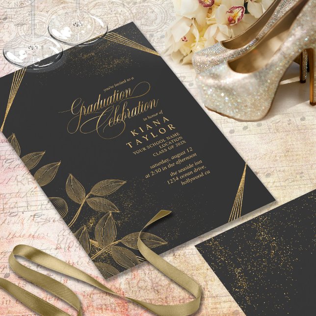 Gold Dust & Outlines Graduation Black/Gold ID910 Invitation (Creator Uploaded)