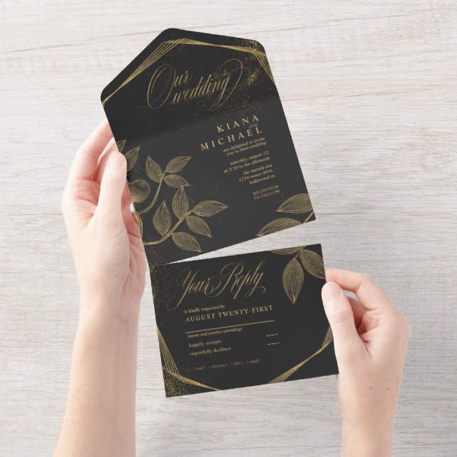 Gold Dust & Outlines Wedding Black/Gold ID835 All In One Invitation (Tearaway)