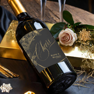 Gold Dust & Outlines Wedding Cheers Blk/Gld ID835  Wine Label