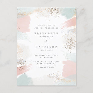 Gold Dust & Painterly Pastel Brush Strokes Wedding Invitation Postcard