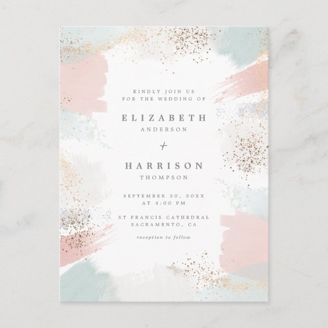 Gold Dust & Painterly Pastel Brush Strokes Wedding Invitation Postcard (Front)