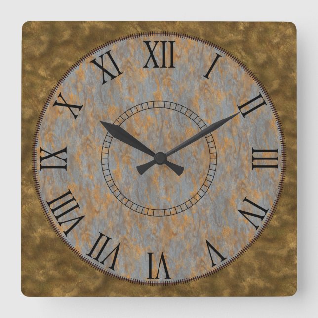 Gold Dust & Rust Roman Numeral Square Wall Clock (Front)