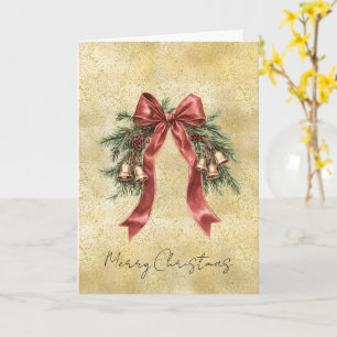 Gold Dust Sparkle Confetti Red Bow Bells Christmas Card
