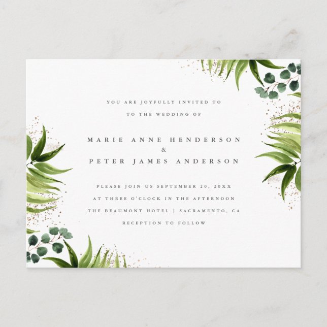 Gold Dust & Tropical Greenery Botanical Wedding Invitation Postcard (Front)