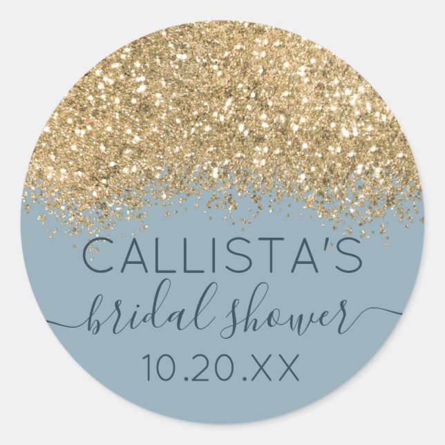 Gold Dusty Blue Glitter Confetti Bridal Shower Classic Round Sticker (Front)
