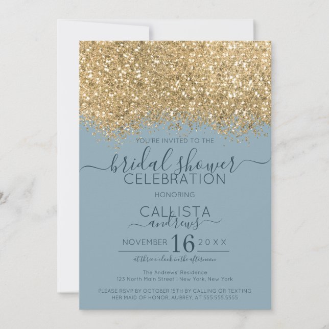 Gold Dusty Blue Glitter Confetti Bridal Shower Invitation (Front)