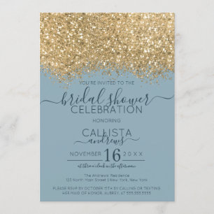 Gold Dusty Blue Glitter Confetti Bridal Shower Invitation