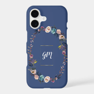 Gold Dusty Blue Misty Rose Floral Wreath Monogram