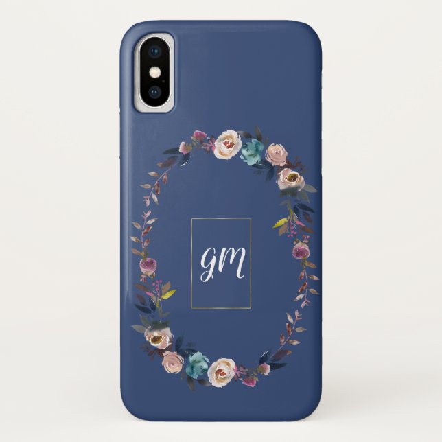 Gold Dusty Blue Misty Rose Floral Wreath Monogram Case-Mate iPhone Case (Back)