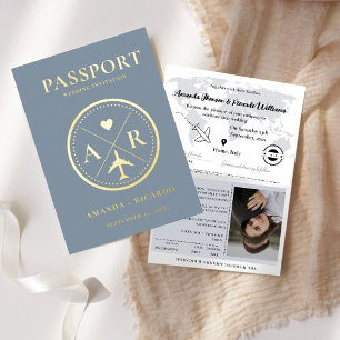 Gold & Dusty Blue  Passport  Wedding Invitation