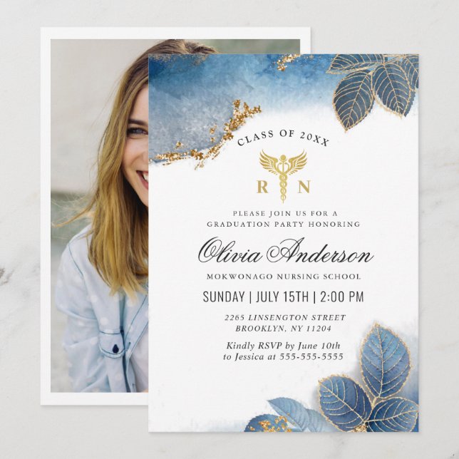 Gold Dusty Blue PHOTO Nursing School Graduation Invitation (Front/Back)
