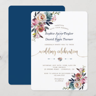Gold Dusty Blue Pink Floral Bloom Wedding Invitation