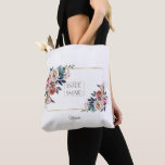 Gold Dusty Blue Pink Floral Bloom Wedding Tote Bag<br><div class="desc">Elegant design with delicate dusty blue, misty rose watercolour floral bouquets, a faux gold foil wedding celebration typography, on a white background; on the back a navy blue background. A great choice for all seasons weddings, especially for fall, or winter weddings. Use Customise tool to add your info and change...</div>