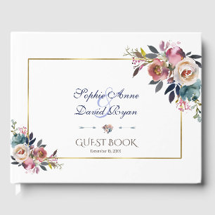 Gold Dusty Blue Pink Floral  Wedding Guest Book