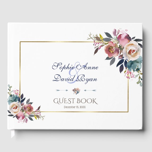 Gold Dusty Blue Pink Floral  Wedding Guest Book (Front)