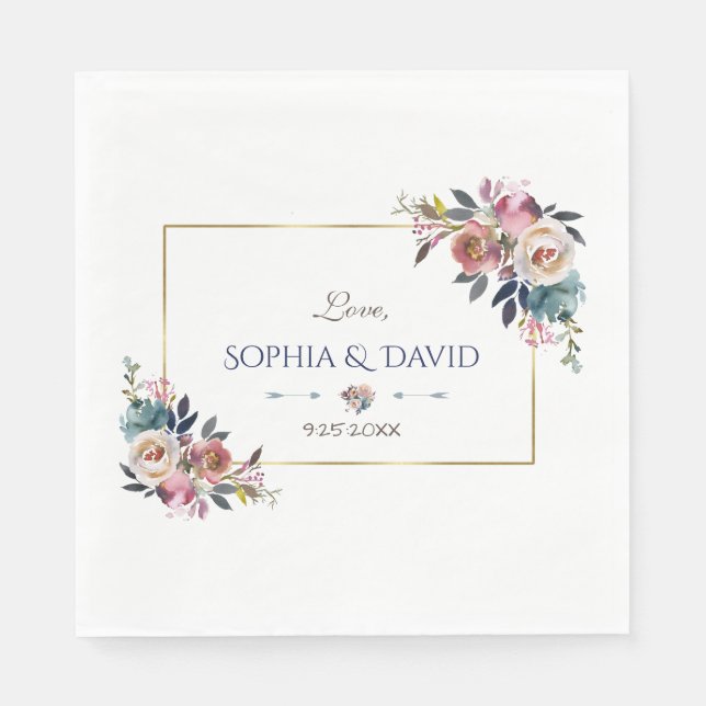 Gold Dusty Blue Pink Floral Wedding Napkin (Front)