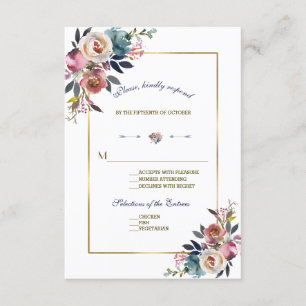 Gold Dusty Blue Pink Floral Wedding RSVP