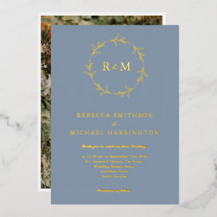 Gold Dusty Blue Wreath Monogram Wedding