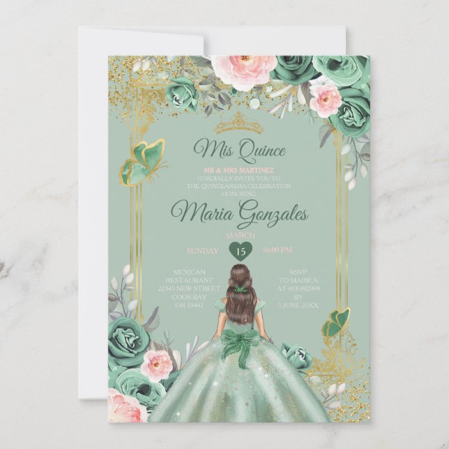 Gold Dusty Green Pink Mis Quince 15 Anos Invitation (Front)