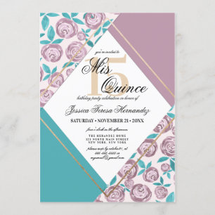 Gold Dusty Pink Flowers Watercolor Mis Quince Invitation