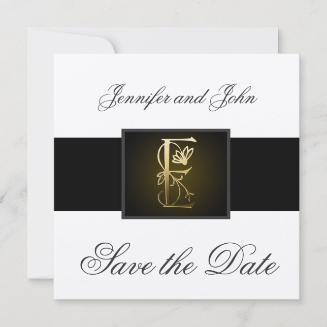 Gold E Monogram Save the Date Wedding Announcement (Front)