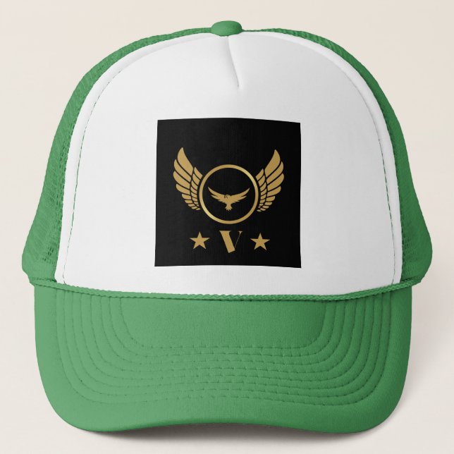 Gold Eagle Image V letter Initial Custom Monogram Trucker Hat (Front)