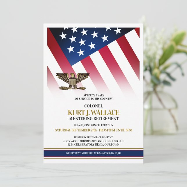 Gold Eagle Military Retirement Party Invitation (Standing Front)