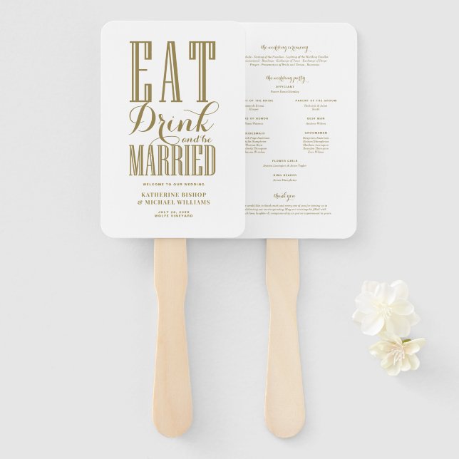 Gold Eat Drink and Be Married Wedding Program Hand Fan (Front and Back)