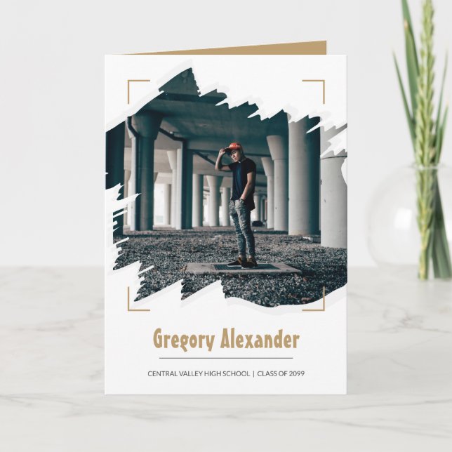 Gold Edgy Abstract Brushstroke Photo Graduation Invitation (Front)