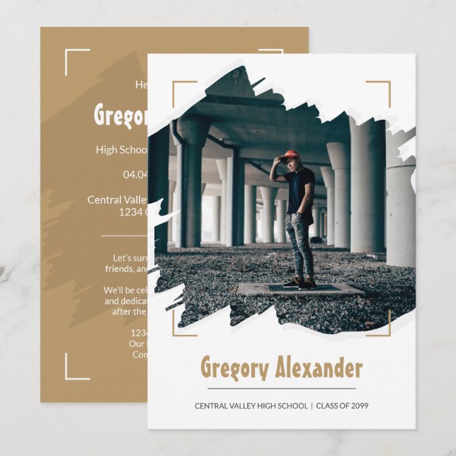 Gold Edgy Abstract Brushstroke Photo Graduation Invitation (Front/Back)