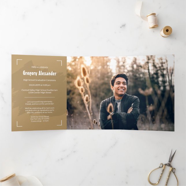 Gold Edgy Abstract Brushstroke Photo Graduation Tri-Fold Invitation (Inside)