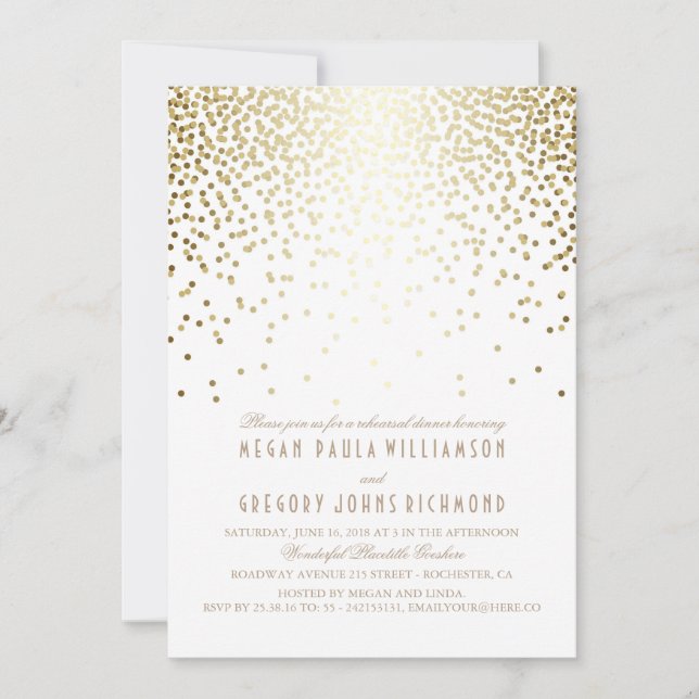 Gold Effect Confetti Art Deco Rehearsal Dinner Invitation (Front)