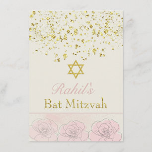 Gold effect confetti, pink rose Bat MItzvah Invite