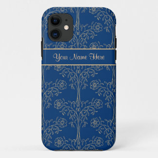 Gold-effect Floral Pattern on Deep Blue Background iPhone 11 Case