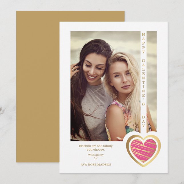 Gold Effect Hot Pink Heart Friend Happy Galentines (Front/Back)