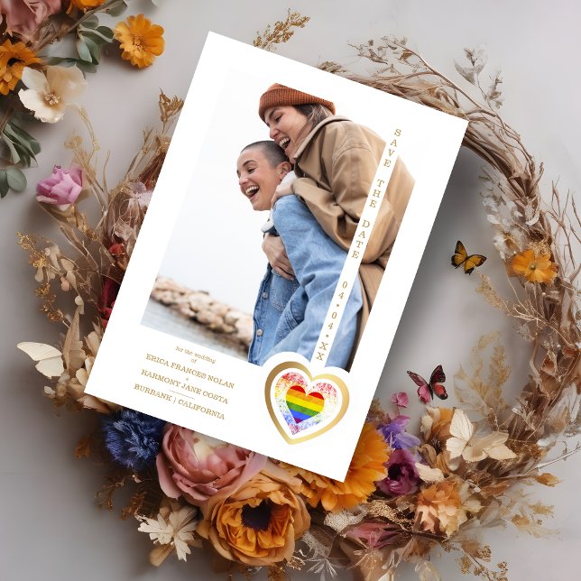 Gold Effect Pride Rainbow Heart Lesbian Gay Photo Save The Date (Golden Effect Pride Rainbow Heart Lesbian Gay Photo Save the Date with Envelope.)