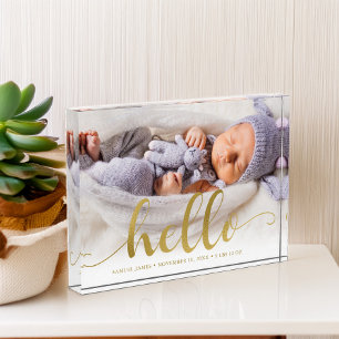 Gold Effect Script Lettering "Hello" Baby Photo Block