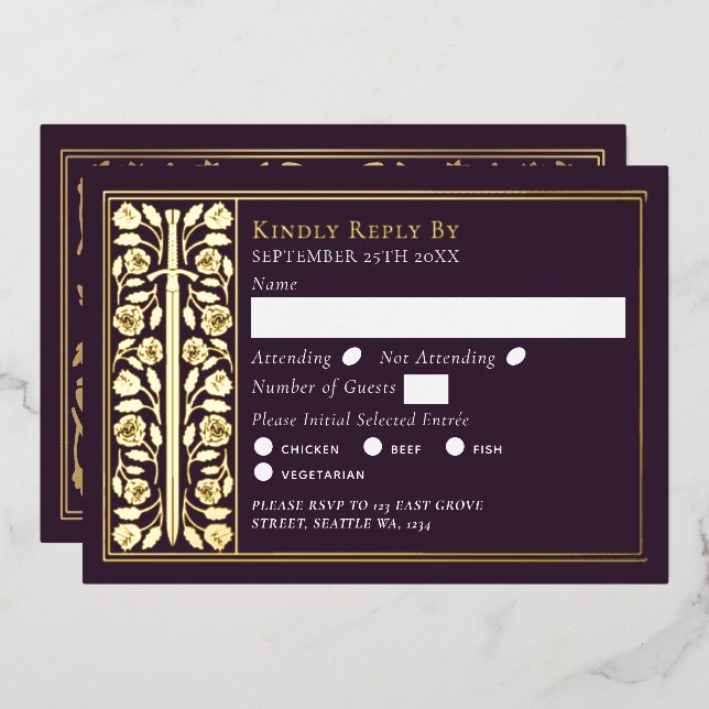 Gold Eggplant Mediaeval Sword Wedding RSVP (Front/Back)