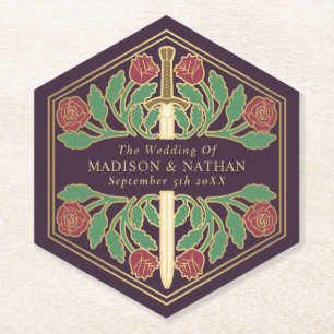 Gold Eggplant Royal Mediaeval Floral Sword Wedding Paper Coaster