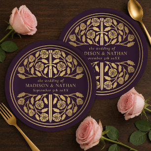 Gold Eggplant Royal Mediaeval Sword Wedding Paper Plate