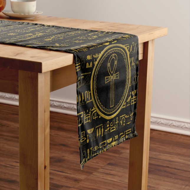 Gold Egyptian Ankh Cross symbol Short Table Runner (In Situ)