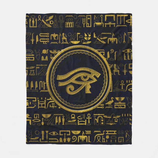 Gold Egyptian Eye of Horus - Wadjet Fleece Blanket (Front)