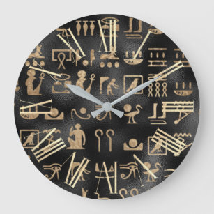 Gold Egyptian Hieroglyphics on Black Large Clock