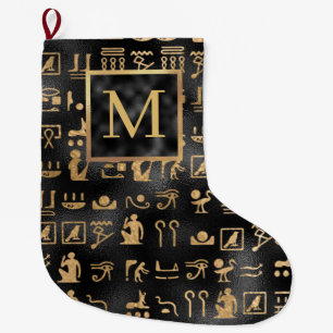 Gold Egyptian Hieroglyphics on Black Monogram Large Christmas Stocking