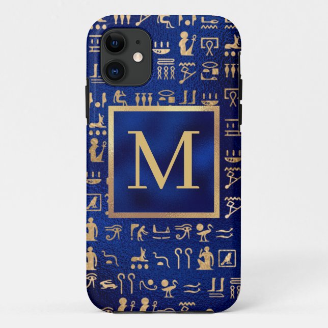Gold Egyptian Hieroglyphics on Blue Intial Case-Mate iPhone Case (Back)