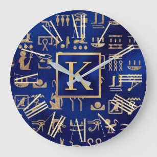 Gold Egyptian Hieroglyphics on Blue Intial Large Clock